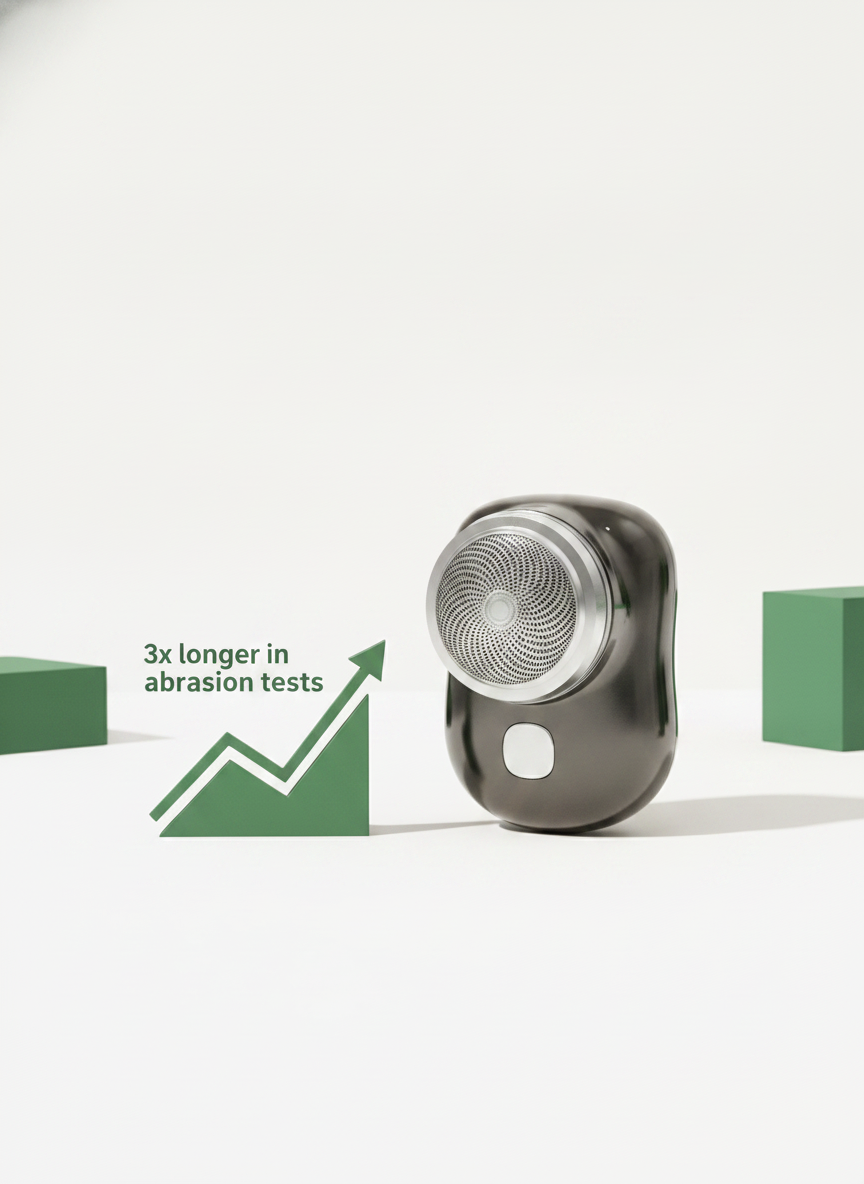 Close-up of the MISSION PHARMA Mini Electric Shaver next to a graphic showing '3x longer in abrasion tests' on a bright white